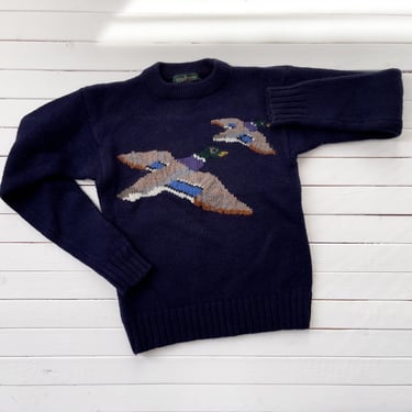 navy wool sweater 80s vintage Boundary Waters duck bird novelty intarsia sweater 