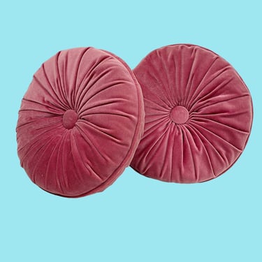 Vintage Throw Pillows Retro 1970s Mid Century Modern + Pink Fabric + Round + Tufted + Set of 2 + Accent Pillows + MCM Home Decor + Textile 