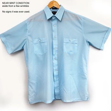 70's Men's Baby Blue Polyester Vintage Shirt, Button Down, Short Sleeve Oxford, 1970's, 1960's Light Sky Powder Blue, Size Large, Mod 