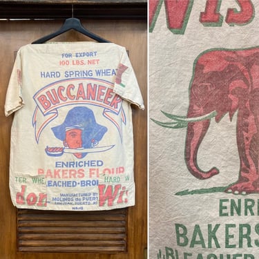 Vintage 1960’s Pirate x Elephant Feed Sack Mod Pop Art Shirt Top, 60’s Beatnik, 60’s Flour Sack Shirt, Vintage Clothing 