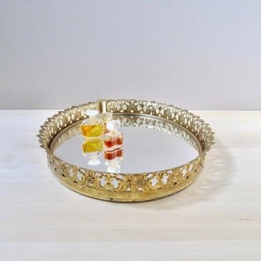 golden brass mirror tray - oval pierced metal frame - vintage makeup mirror 