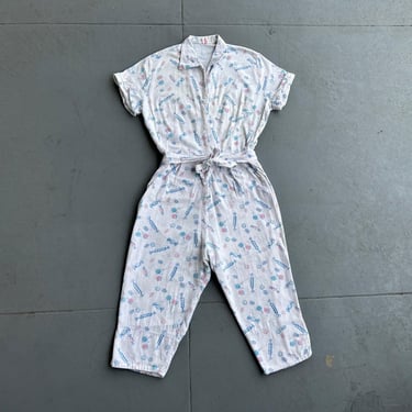 1950s flannel jumpsuit . vintage 50s novelty print romper . size small to s/m 