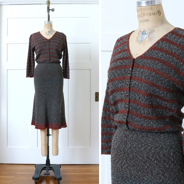 vintage 1940s knit dress • brown boucle nubby wool & rayon dress with woven ribbon trim 