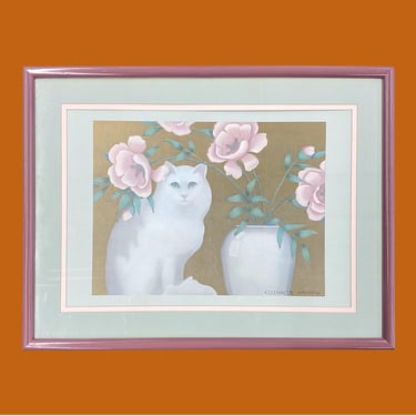 Vintage Elizabeth Brownd Print 1980s Retro Size 19x25 + Post Modern + S.P. Co. + White Persian Cat + Pink Flowers + Wall Art + Cat Lover 