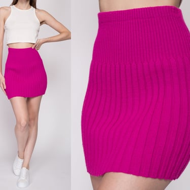 Small 80s Fuchsia Knit Fitted Mini Skirt | Vintage High Waisted Ribbed Bodycon Pencil Miniskirt 