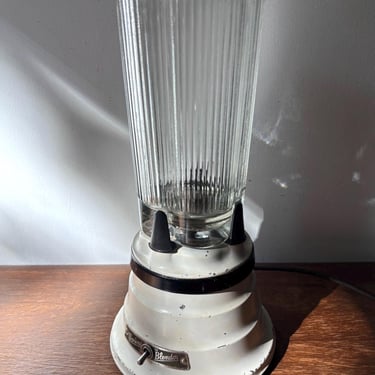 Vintage Waring Blender 700A w Pyrex Glass Ribbed Pitcher & Stepped Round Beige Metal Base | Retro MCM Durable Commercial Kitchen Appliance 