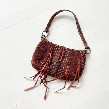 1990s Studded Lace-Up Fringe Brown Leather Bag 