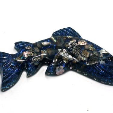 vintage resin blue fish with abalone vomit art 