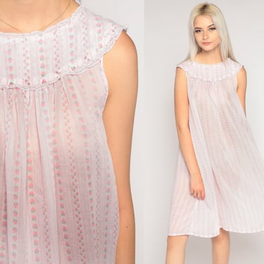 Strawberry Nightgown 70s Sheer Pink Lingerie Slip Dress Mini Pastel Nightie Tent Trapeze Boho Pajama Dress Slip 1970s Vintage Small S 