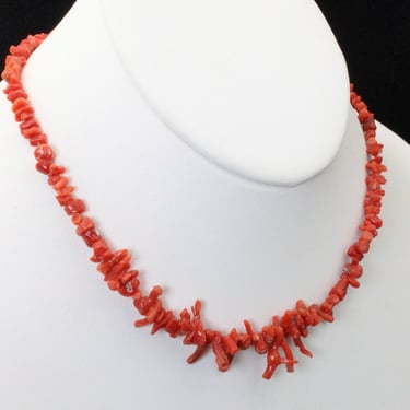 Vintage Natural Red Branch Coral Necklace 15" Long with Sterling End Cap Beads 