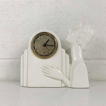 Vintage Art Deco Style Table Clock White Ceramic Woman Lady Sarsaparilla 1980s 1983 Retro Battery Powered 