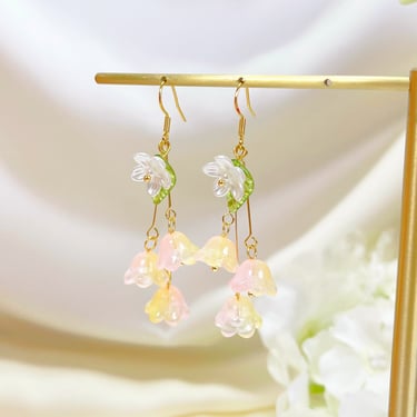 E188 lily of the valley earrings, lily flower earrings, Dangle Earrings, Dainty Floral Earrings, kawaii long earring, fairy earrings 
