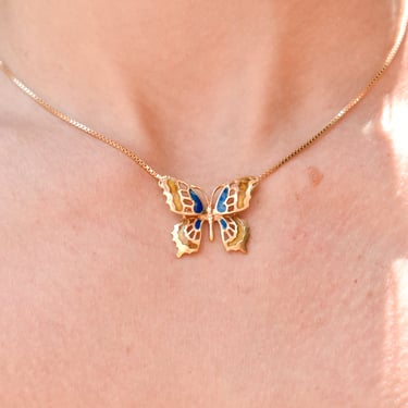 Italian 18K Enamel Butterfly Pendant Necklace, Elegant Yellow Gold Necklace, Estate Jewelry, 15 1/2