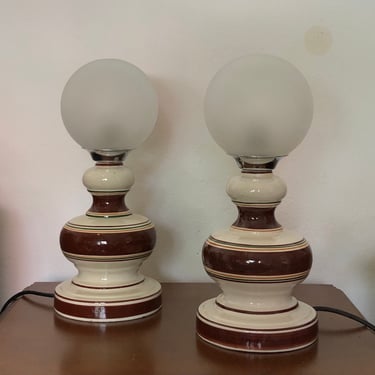 Pair of Two Table Lamps From Mid Century  / Vintage Design years 70s West German /  Ceramic and  Glass  / Night Lamp 