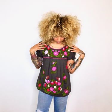 Hand Embroidered Mexican Blouse // vintage cotton boho hippie Mexican embroidered dress hippy black // O/S 