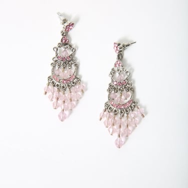 Pink Crystal & Bead Chandelier Earrings, Costume Jewelry 
