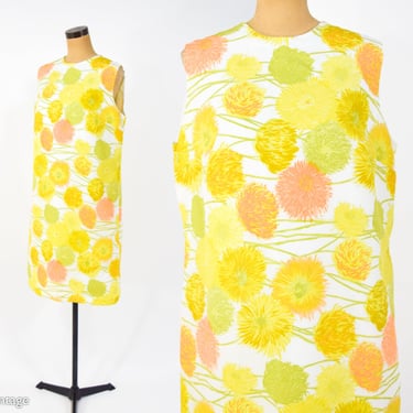 1960s  Yellow Floral Print Dress | 60s Yellow Sleeveless Dress | Yellow Floral Shift | X-Large 