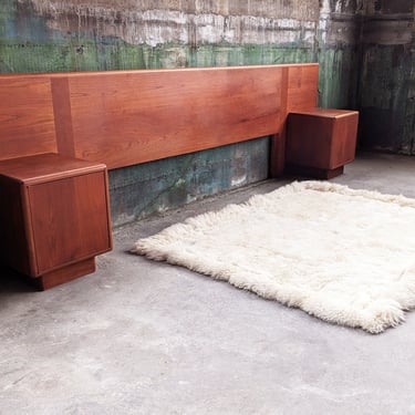 Danish MCM Long Rosewood Teak Headboard With Attached Storage Nightstands, 70s 