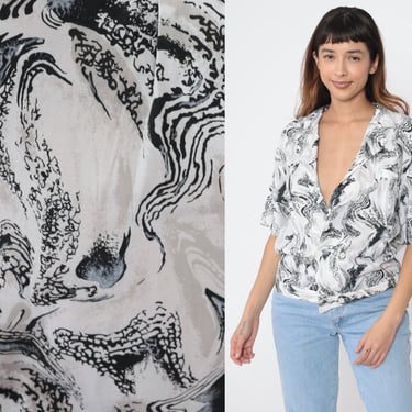 Marbled Swirl Shirt 90s Black White Double Breasted Button Up Blouse Abstract Print Top Short Sleeve ]Vintage 1990s Oversized Medium M 