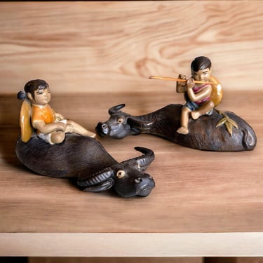 Vintage Chinese Mudman Figurines Boy and Girl on Water Buffalo Art Pottery 