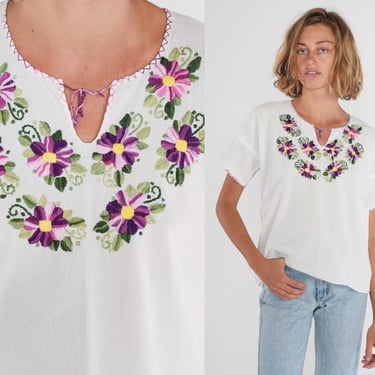 Embroidered Floral Blouse 90s White Mexican Top Peasant Hippie Short Sleeve Keyhole Shirt Flower Embroidery Vintage 1990s Cotton Medium M 
