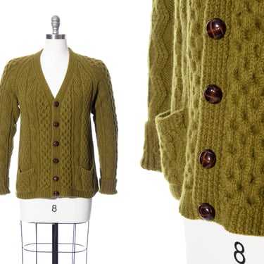 Vintage 1960s 1970s Fisherman Sweater | 60s 70s Irish Cable Knit Wool Olive Green Warm Winter Hand-Knit Cardigan (medium/large) 