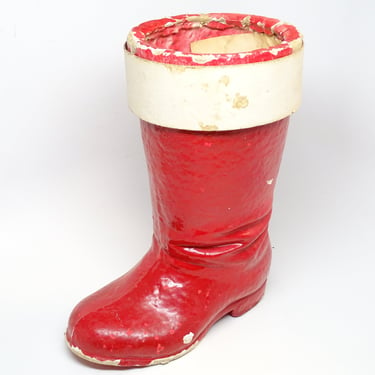 Large 9 1/2 Inch Antique 1940's Santa Boot Christmas Candy Container, Vintage Pulp Paper Mache 