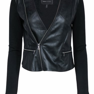 BCBG Max Azria - Black Faux Leather Jacket w/ Asymmetrical Side Zippers Sz XS