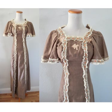 Vintage 70s Hippie Dress - Brown Floral & Lace Prairie Style Long Maxi Gown - Size XXS 
