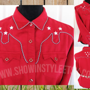 Wrangler Women's Vintage Western Retro Shirt, Red with Embroidered White Stars, Cowgirl Blouse, Approx. Large (see meas. photo) 