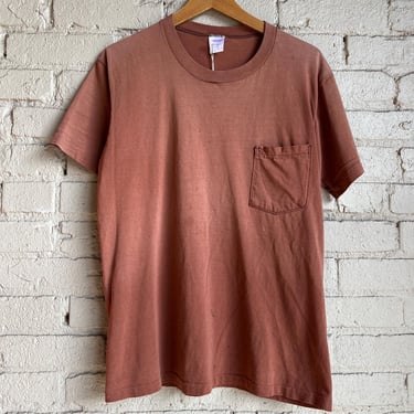 Sm Med, Vintage 1970s Faded Brown Pocket T-Shirt, Cotton 