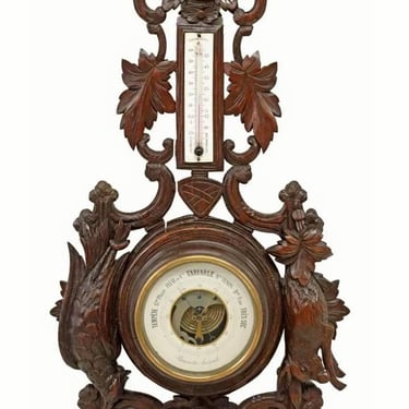 Antique French Henri II Hunt Style Carved Oak Wall-mounted Barometer Thermometer 