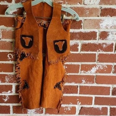Vintage 70s Child's Leather Cowboy/Cowgirl Set Fringed Vest Spats Longhorns! 