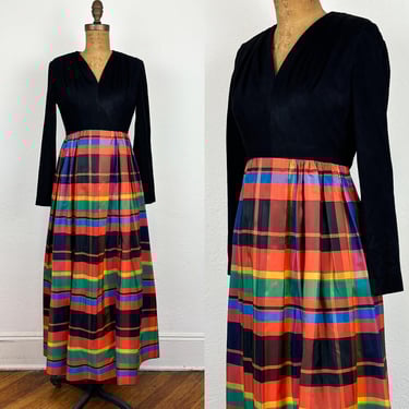 Vintage 1970s Holiday Maxi Dress from Romantica by Victor Costa/ 70s Hostess Dress Plaid Taffeta S 
