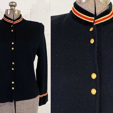 Vintage Button Front Cardigan Blazer Jacket Black Velvet Cuffs Collar Long Sleeve Jones New York Military Style 1990s 90s Medium Small 
