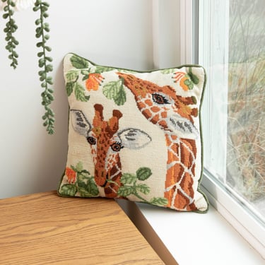 Hand Thatched Embroidery Style Giraffe Pillow 