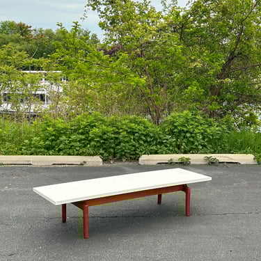 Heavy Walnut & White Laminate 1970s Jens Risom Style Coffee Table. 