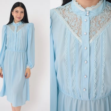 70s Victorian Dress Baby Blue Prairie Midi Lace Party Dress Boho High Waist Puff Sleeve Pearl Button Up Vintage Long Sleeve Small Medium 