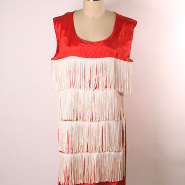 1960s Does 1920s Red and White Fringe Sleeveless Flapper Style Costume Dress 