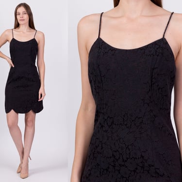 90s Black Floral Jacquard Mini Dress - Small | Vintage All That Jazz Scalloped Hem Spaghetti Strap Party Dress 