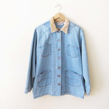 90s Denim Chore Cost M L - Vintage 1990s Blue Jean Chore Jacket Corduroy Collar - Barn Jacket - 4 Pocket Simple Jacket 