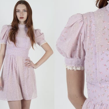 Velvet Calico Prairie Floral Dress, Country Garden Thin Lilac Lace Mini Dress 