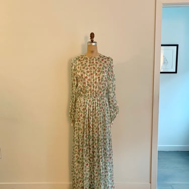 Sheer floral silk Indian print 1979s ls maxi dress-size M 