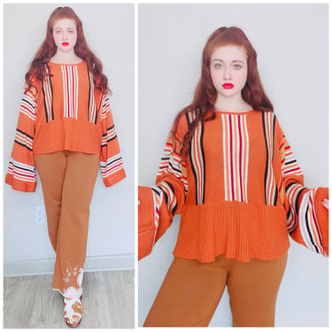 Y2K Vintage Does 70s Acrylic Bell Sleeve Sweater / Rust Orange Flared Sleeve Soft Knit Top / Size 28 