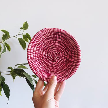 Vintage Handwoven Pink Raffia Basket 