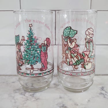 Vintage 1977 Coca Cola Holly Hobbie Christmas Holiday Tumbler Glasses Limited Edition 1 and 3 of 4 