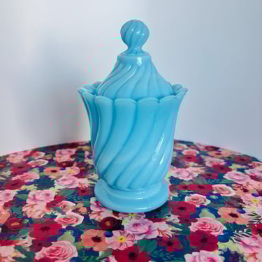 Vintage Portieux Vallerysthal France Robin's Egg Sky Blue Opaline Twisted Swirl Mustard Jelly Jam Apothecary Jar 1930s 