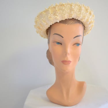 1950s Cream Appliqued Lace Breton Hat 