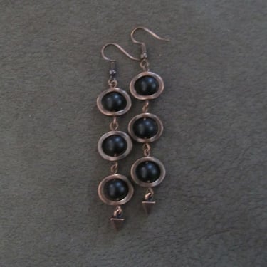 Long black frosted glass  and copper earrings 