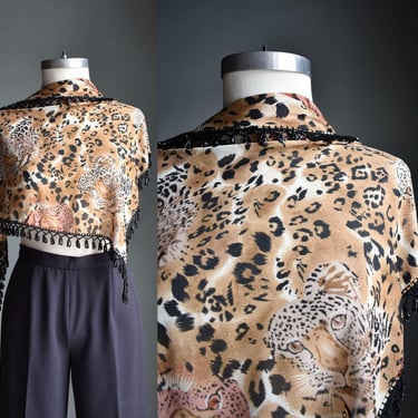 Vintage 1980s Tiger Print Scarf / Vintage Cheetah Scarf / Vintage Scarf Shrug Bolero / Funky 1980s Vintage Beaded Scarf / Animal Print Scarf 